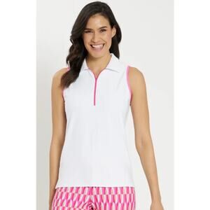 Jude Connally Lily Top White Pink Trim Sleeveless Zip Neck Golf Small NWOT